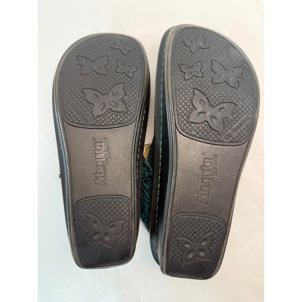 Alegria Keli Teal Floral Tooled Leather Professional Clogs Buckle Strap Womens - Picture 4 of 6